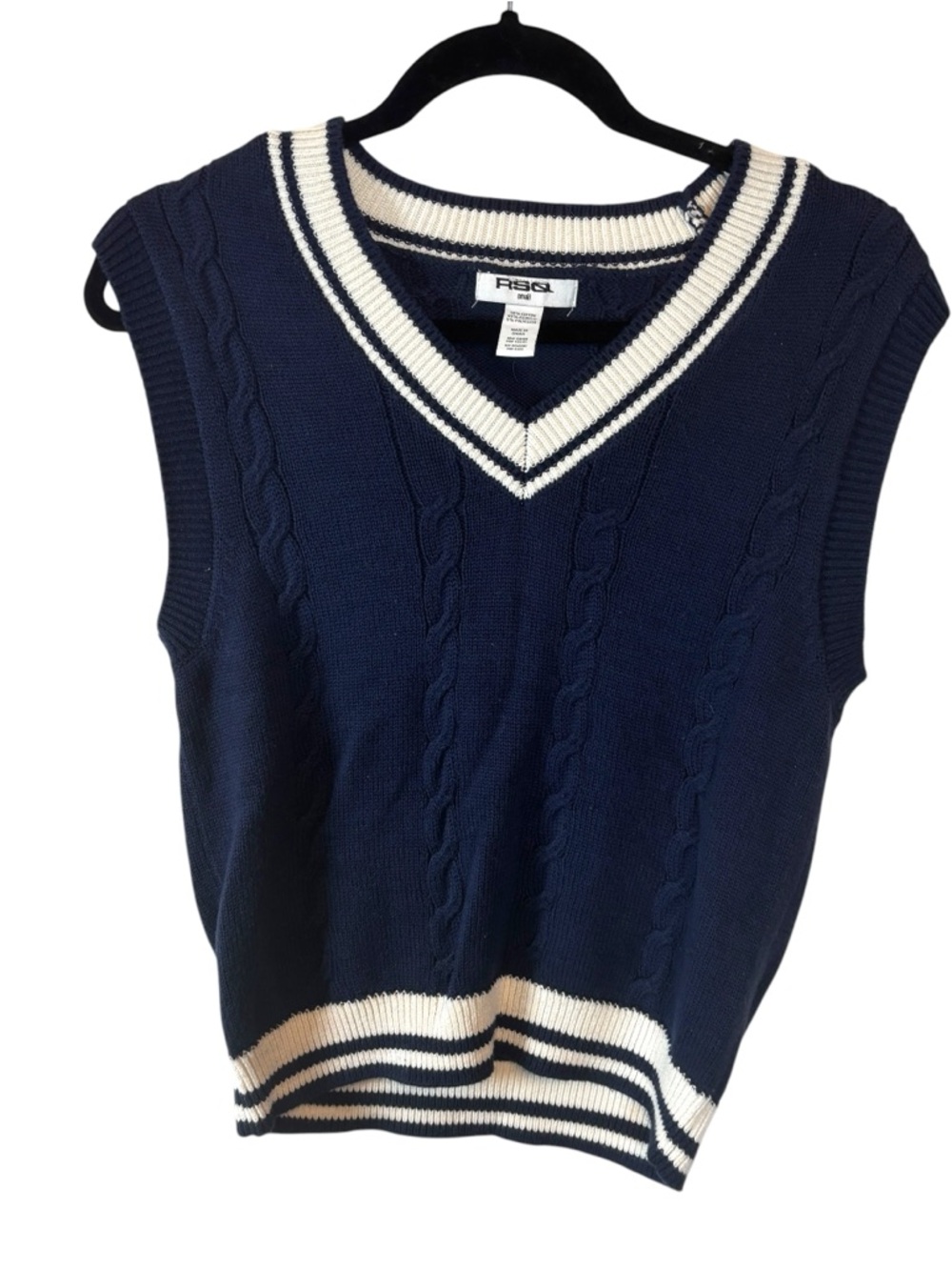 RSQ Navy Cable-Knit V-Neck Sweater Vest Ivory Stripes cotton blend Size Small